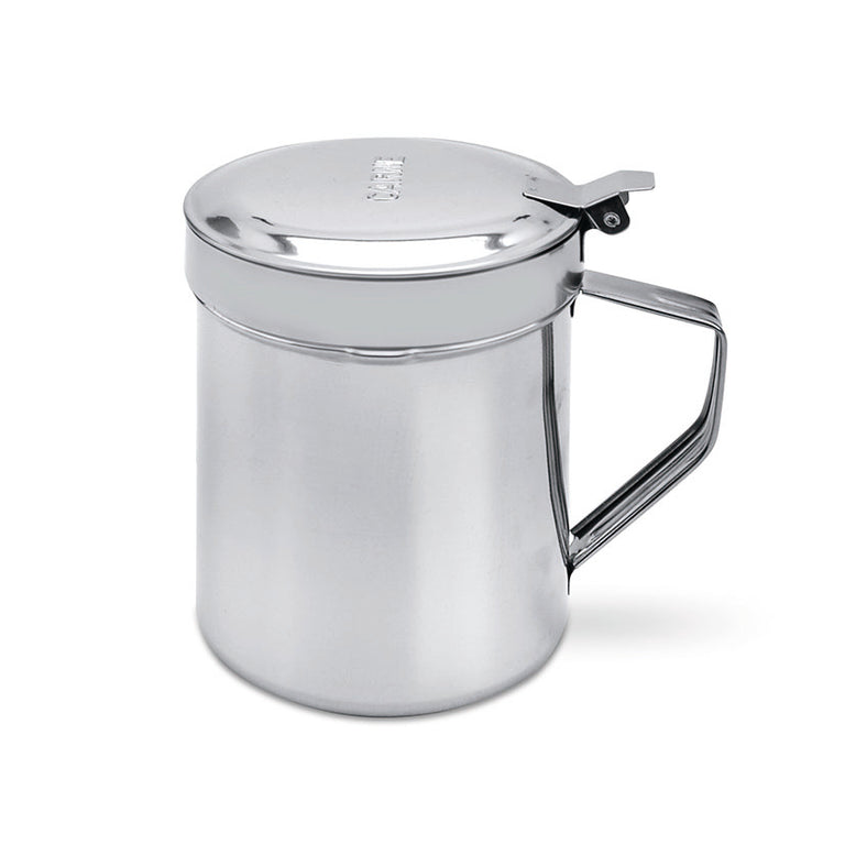 Grasera de acero inoxidable para aceite de carne con tapa grabada y asa ergonómica