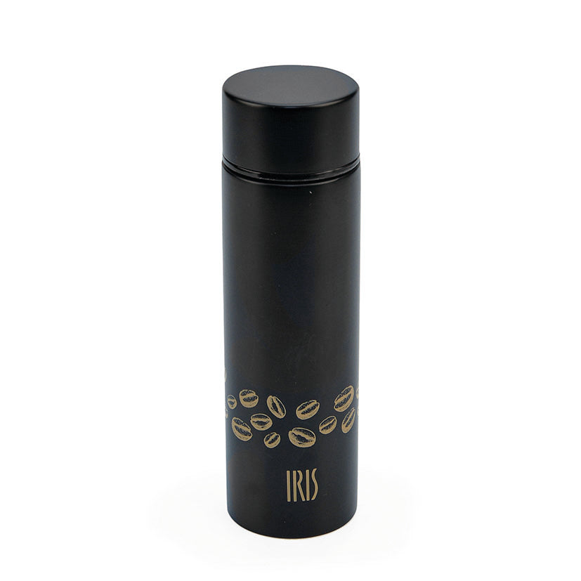 Termo mini IRIS 140ml negro con diseño de granos de café y tapón de rosca