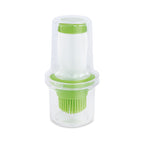 Aceitera con pincel de silicona Iris 60ml con tapa protectora transparente y detalles en color verde.