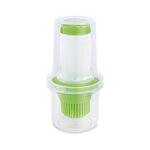 Aceitera con pincel de silicona Iris 60ml con tapa protectora transparente y detalles en color verde.