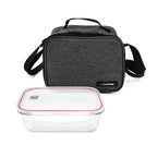 Conjunto de bolsa porta-alimentos gris y táper de cristal hermético IRIS para oficina o exteriores.