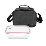 Conjunto de bolsa porta-alimentos gris y táper de cristal hermético IRIS para oficina o exteriores.