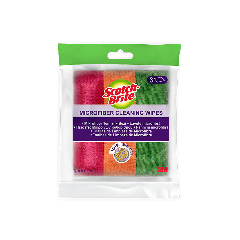 Pack de 3 bayetas de microfibra Scotch-Brite 3M en colores rosa, naranja y verde, dimensiones 31x29 cm.