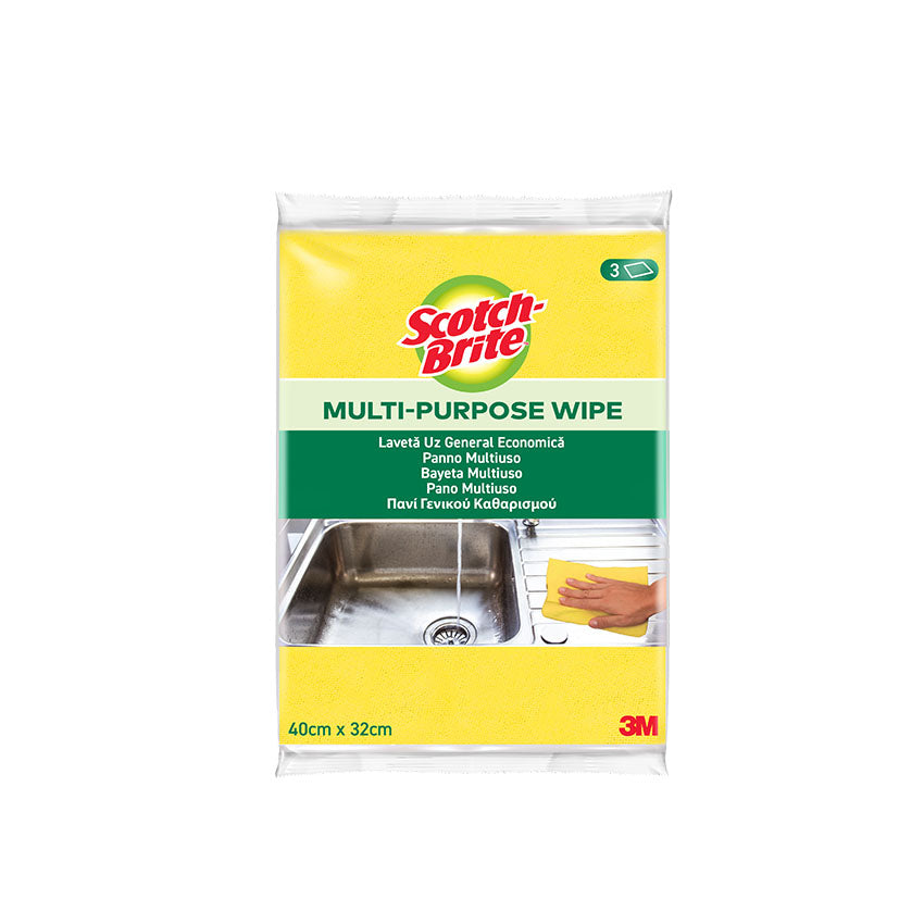 Pack de 3 bayetas multiuso Scotch-Brite 3M de color amarillo, dimensiones 40x32cm para limpieza general y multisuperficie.