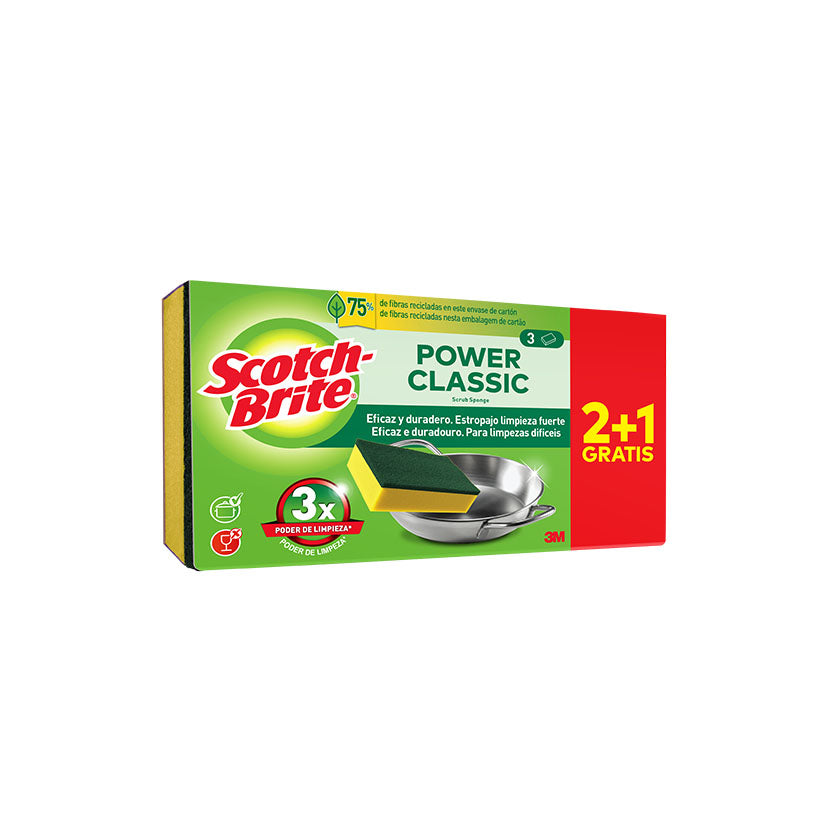 Pack ahorro 2+1 estropajos Scotch-Brite Power Classic con esponja para limpieza fuerte