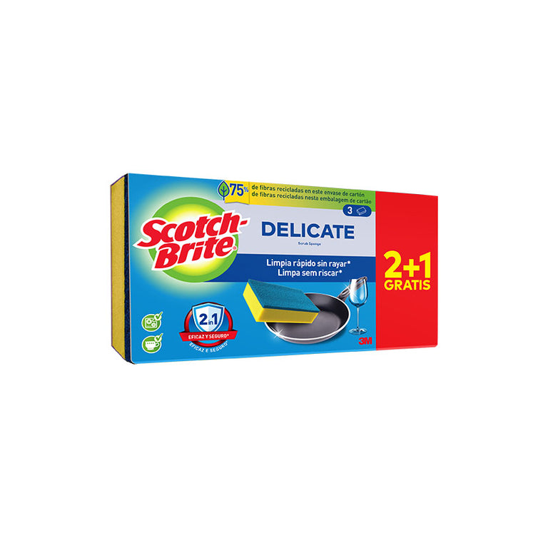 Pack de 3 estropajos Scotch-Brite Delicate azules para limpieza de sartenes antiadherentes y superficies delicadas