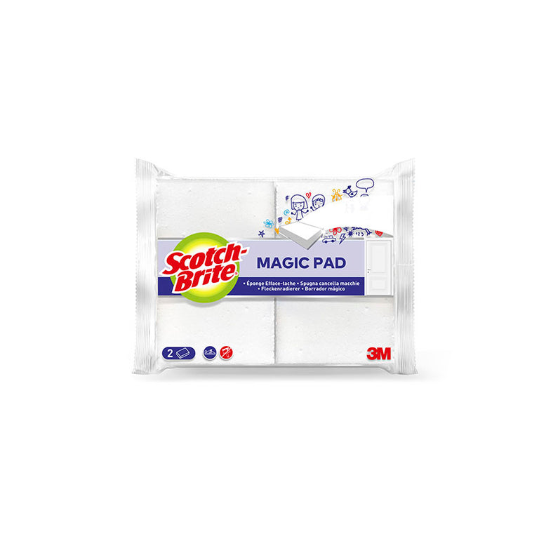 Detalle del envase de Scotch-Brite Magic Pad mostrando aplicaciones en paredes, puertas y calzado.