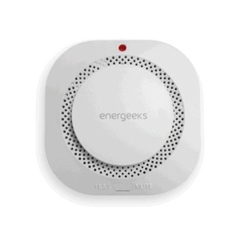 Detector de humo Energeeks cuadrado con botones de test y mute para seguridad doméstica sin cables.