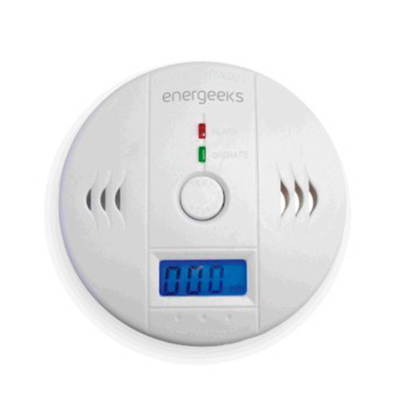 Alarma de CO Energeeks blanca con indicadores LED de alarma y funcionamiento.