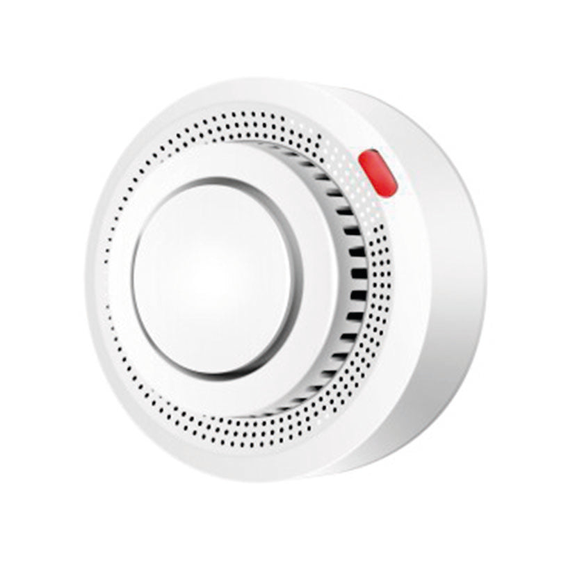 Detector de humo circular blanco con rejilla perimetral y luz LED de estado roja para detección de incendios.