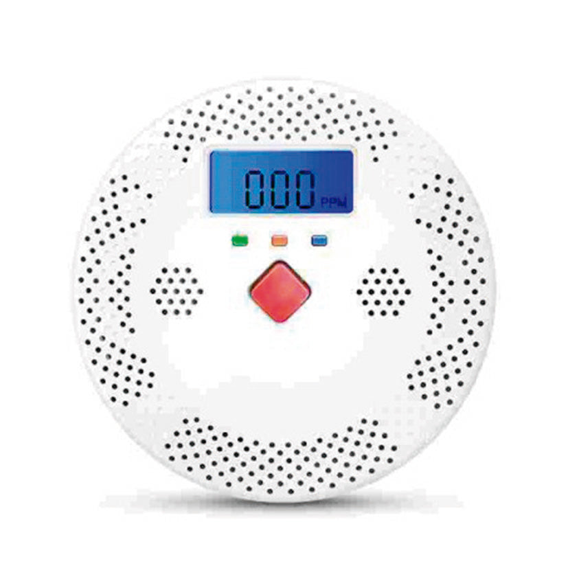 Detector de monóxido de carbono Energeeks con pantalla digital y rejilla de ventilación circular.