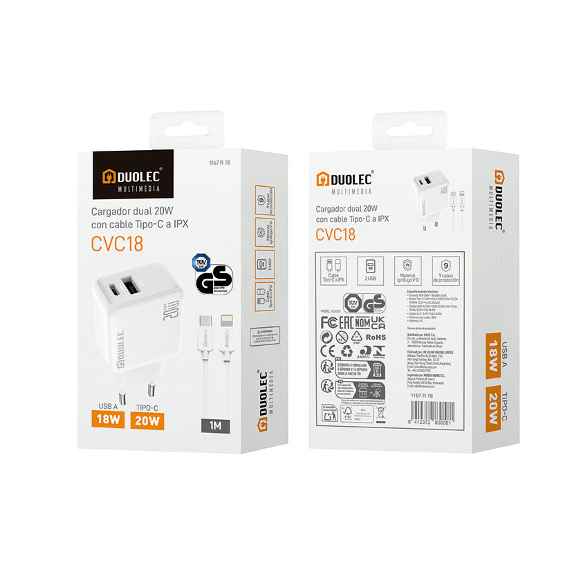 Cargador dual DUOLEC CVC18 blanco con puertos USB-C y USB-A y cable Tipo-C a Lightning de 1 metro