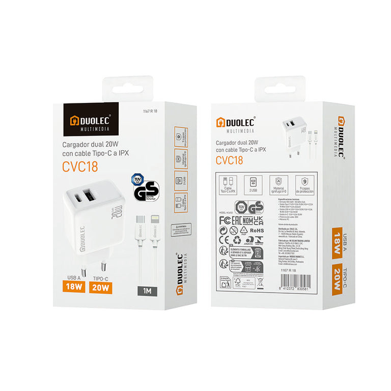 Cargador dual DUOLEC CVC18 blanco con puertos USB-C y USB-A y cable Tipo-C a Lightning de 1 metro