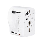 Detalle de puertos de carga USB-C y USB-A en adaptador de viaje SIMON de 65W.