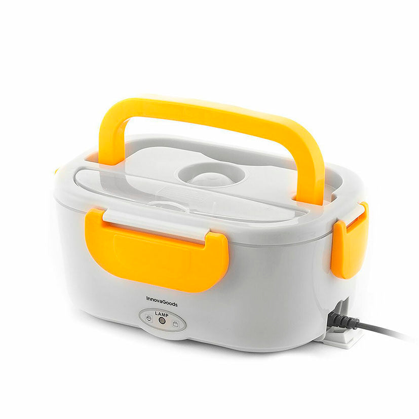 Fiambrera eléctrica InnovaGoods Lunffi blanca y amarilla con asa y cable de alimentación