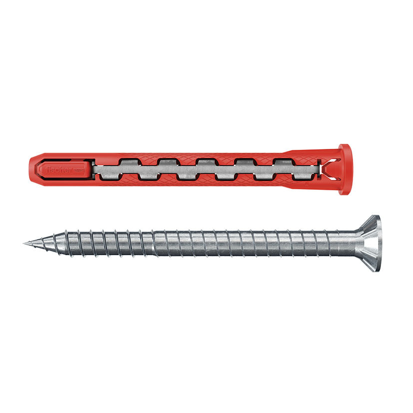 Taco de anclaje híbrido Fischer HybridPower con cuerpo de nylon rojo y tornillo de acero de alta resistencia