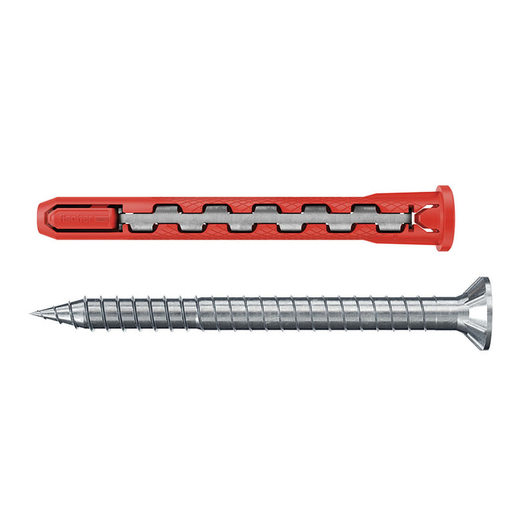 Taco de anclaje híbrido Fischer HybridPower con cuerpo de nylon rojo y tornillo de acero de alta resistencia