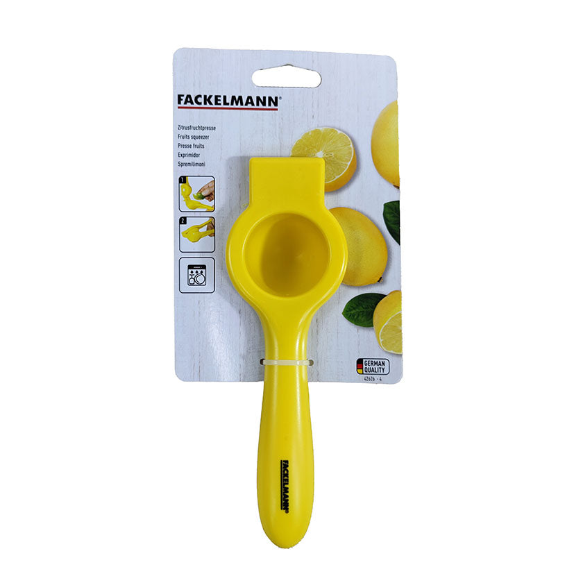 Presentación en blíster del exprimidor de limones Fackelmann con instrucciones de uso y sello de calidad