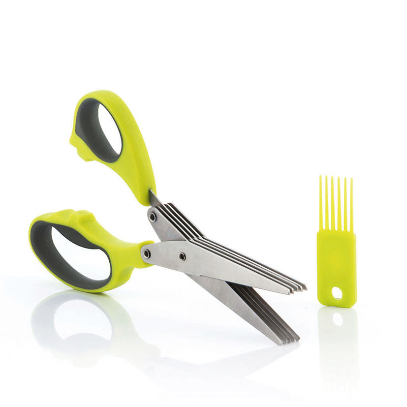 Tijeras de cocina multicorte InnovaGoods Fivessor con 5 hojas de acero inoxidable y cepillo de limpieza verde lima.