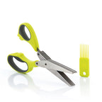 Tijeras de cocina multicorte InnovaGoods Fivessor con 5 hojas de acero inoxidable y cepillo de limpieza verde lima.