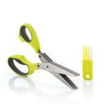 Tijeras de cocina multicorte InnovaGoods Fivessor con 5 hojas de acero inoxidable y cepillo de limpieza verde lima.