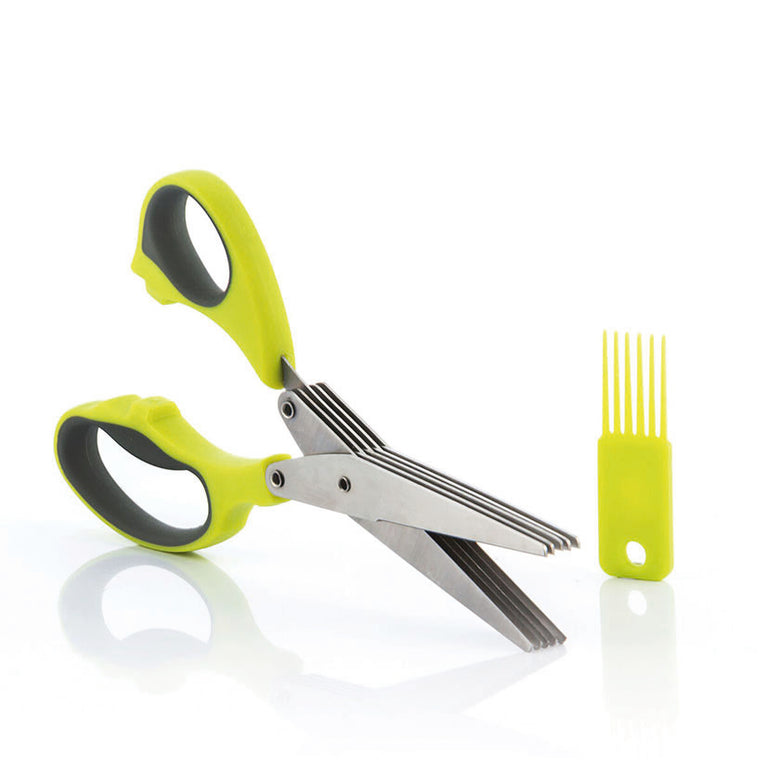 Tijeras de cocina multicorte InnovaGoods Fivessor con 5 hojas de acero inoxidable y cepillo de limpieza verde lima.