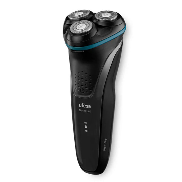 Afeitadora rotativa UFESA Nano Cut color negro con cabezal de tres discos y detalles en azul.