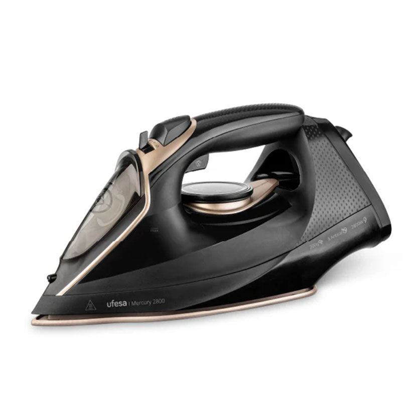 Plancha de vapor UFESA Mercury 2800 en color negro y bronce vista lateral