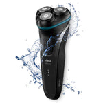 Afeitadora UFESA Nano Cut con efecto de salpicaduras de agua indicando resistencia IPX7.