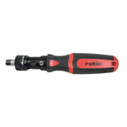 Destornillador articulado de carraca RATIO 7724 en posición recta con mango ergonómico rojo y negro