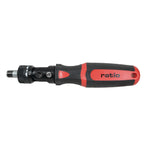 Destornillador articulado de carraca RATIO 7724 en posición recta con mango ergonómico rojo y negro