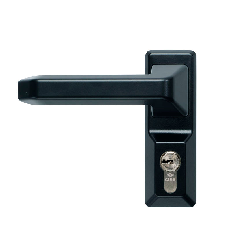 Manilla exterior CISA Alpha en color negro con placa y cilindro para puertas antipánico