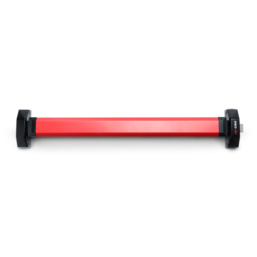 Barra antipánico CISA Alpha Touch roja con soportes negros y picaporte lateral para puertas de emergencia