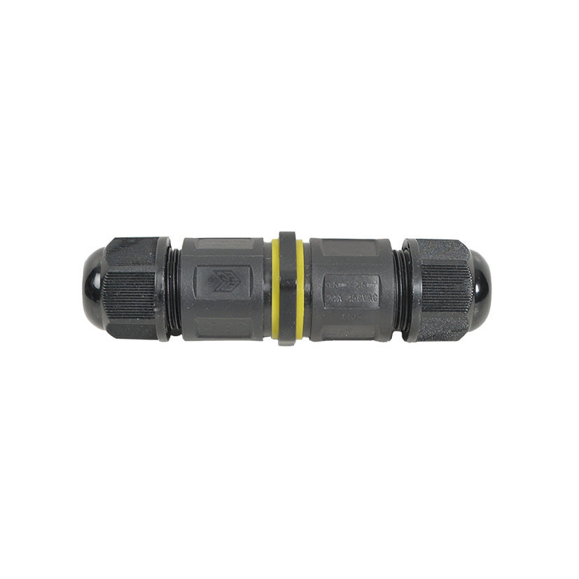 Detalle de conector eléctrico estanco recto DUOLEC con especificaciones 24A 450VAC grabadas