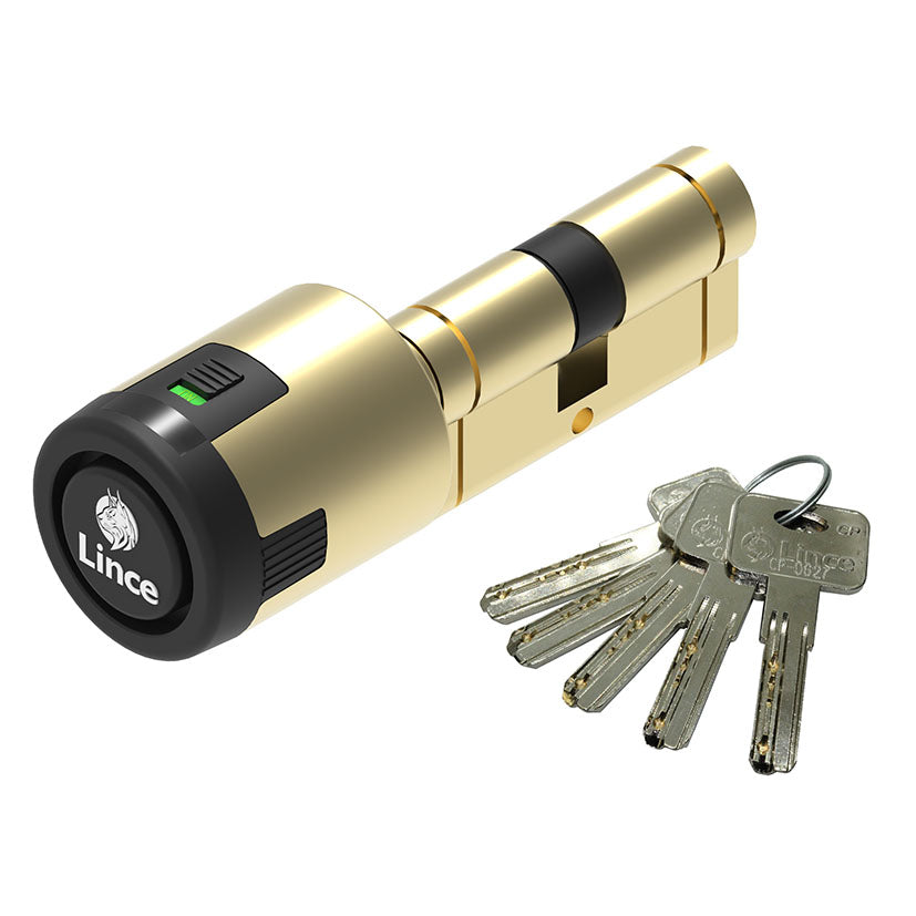 Bombillo LINCE CPlus Alarm en acabado latón dorado con juego de llaves de puntos.