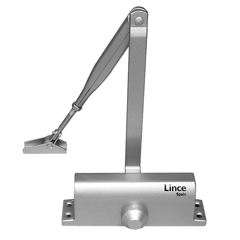 Cierrapuertas hidráulico Lince CPA23P color plata con brazo articulado vista frontal