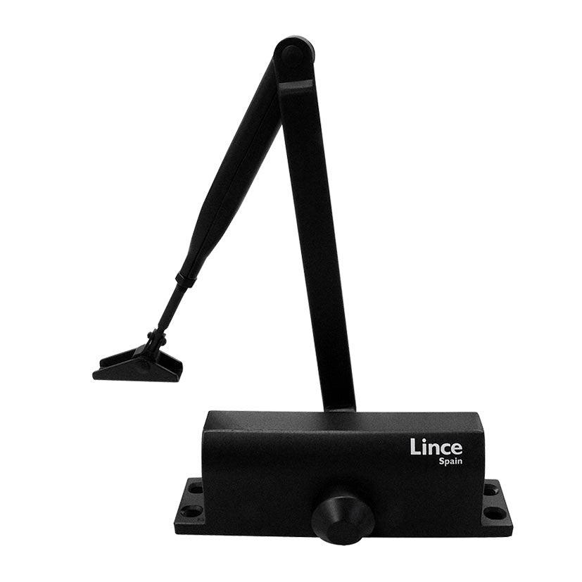 Cierrapuertas hidráulico Lince CPA23 negro con brazo articulado y regulador de velocidad
