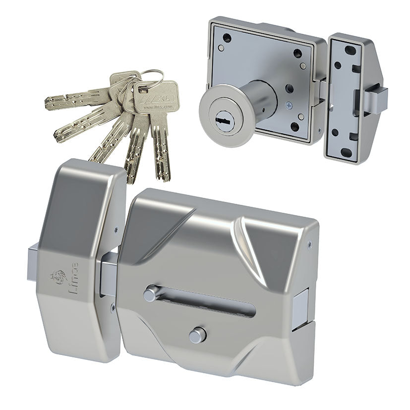 Kit cerrojo Lince 7930RSS cromo mate con 5 llaves de seguridad y vista del cilindro