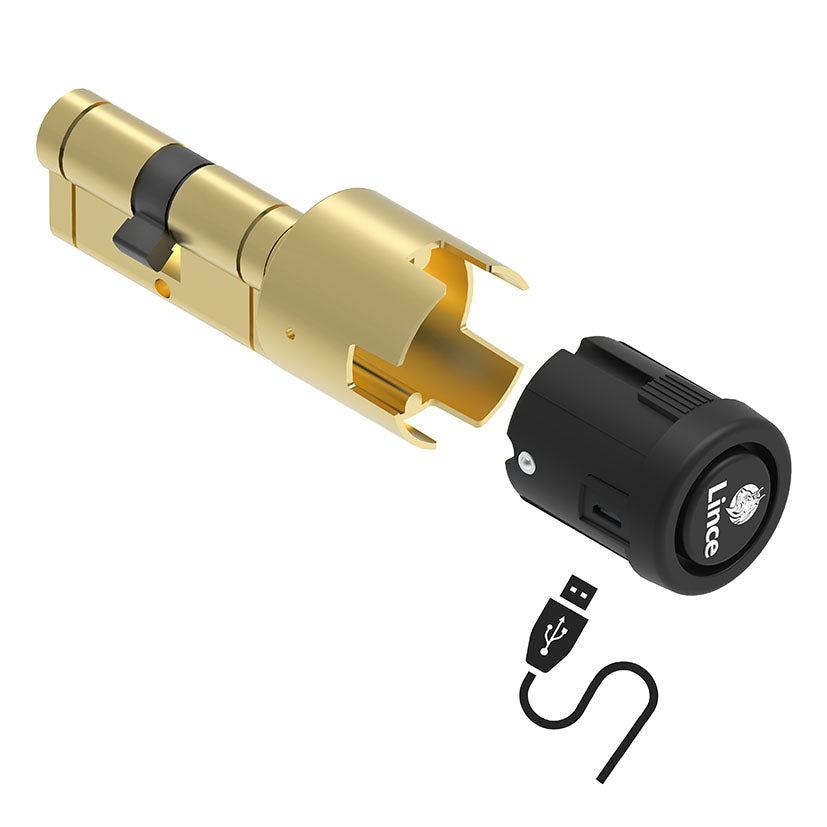 Vista del módulo electrónico extraíble del cilindro LINCE mostrando el puerto de carga micro USB.