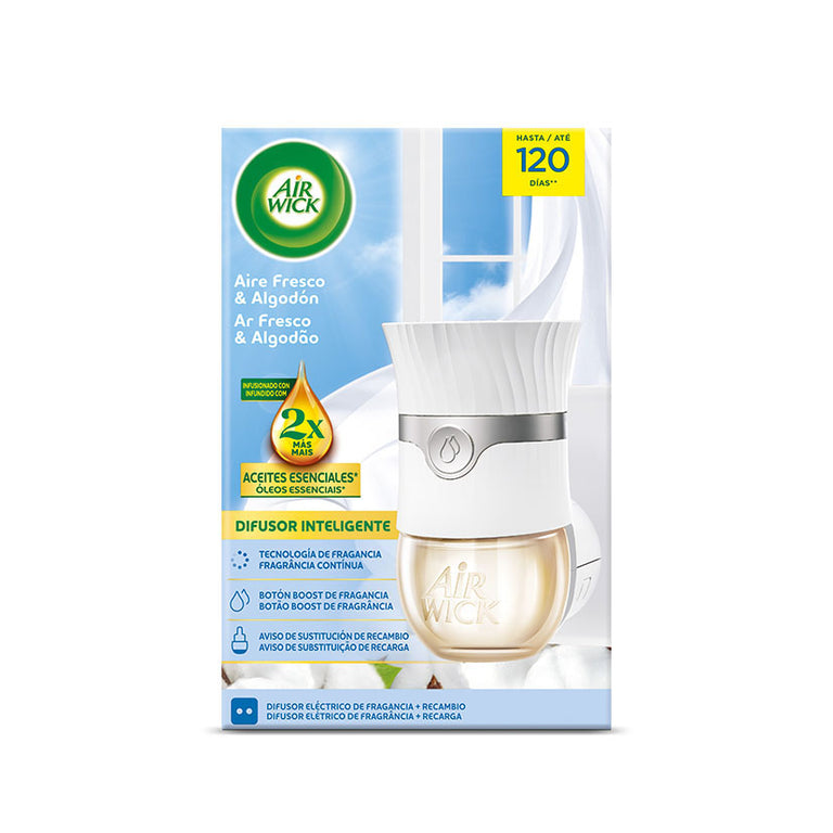 Pack ambientador eléctrico Air Wick Aire Fresco y Algodón con difusor inteligente y recambio