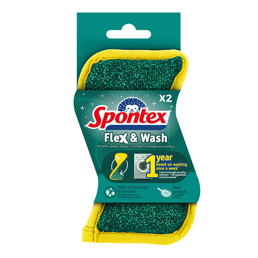 Estropajo Spontex Flex & Wash pack de 2 unidades con microfibra verde y diseño ergonómico lavable