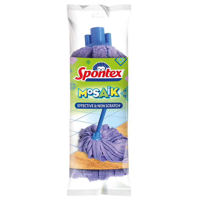 Fregona Spontex Mosaik de tiras de microfibra color lila con cabezal azul para suelos delicados