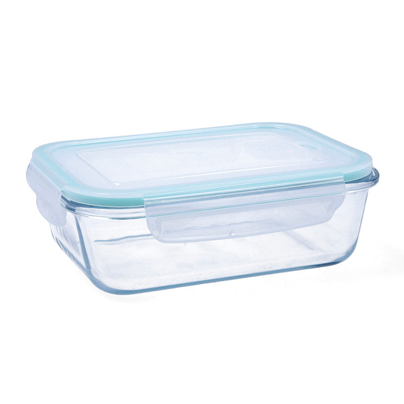 Recipiente de vidrio borosilicato transparente con cierre de clips laterales