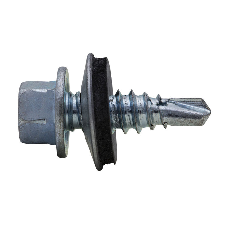 Tornillo autotaladrante de cabeza hexagonal con arandela de neopreno y punta de broca para metal