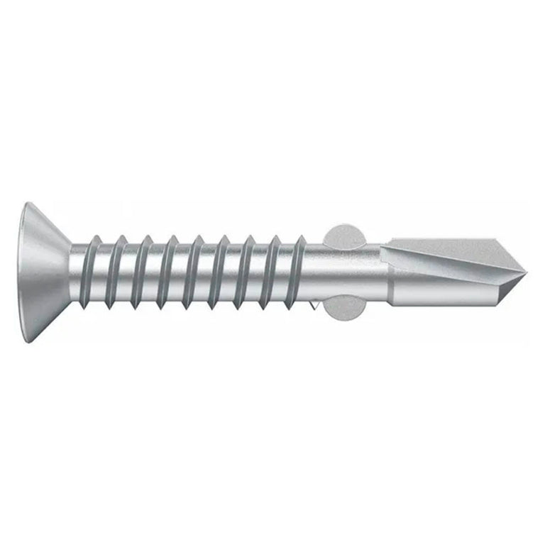 Tornillo broca autotaladrante con alas y cabeza avellanada en acero cincado para unión madera-metal