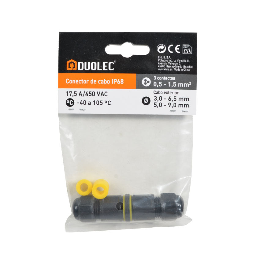 Blíster de venta del conector DUOLEC con datos técnicos de voltaje y amperaje