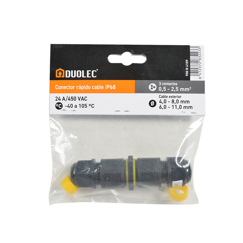 Embalaje de conector rápido de cable IP68 DUOLEC con datos técnicos de sección y temperatura