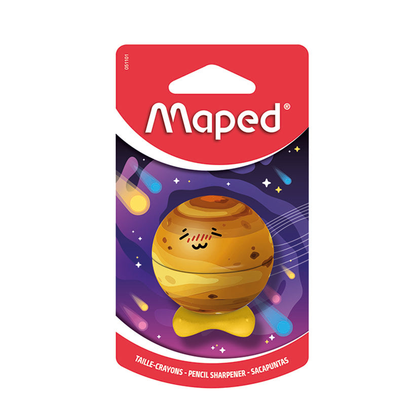 Sacapuntas Maped Planet con diseño de planeta Júpiter en blister rojo y fondo espacial