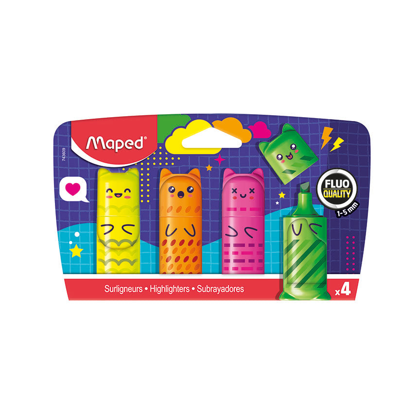 Pack de 4 subrayadores Maped Mini Fluo Kawaii en colores amarillo, naranja, rosa y verde con punta biselada