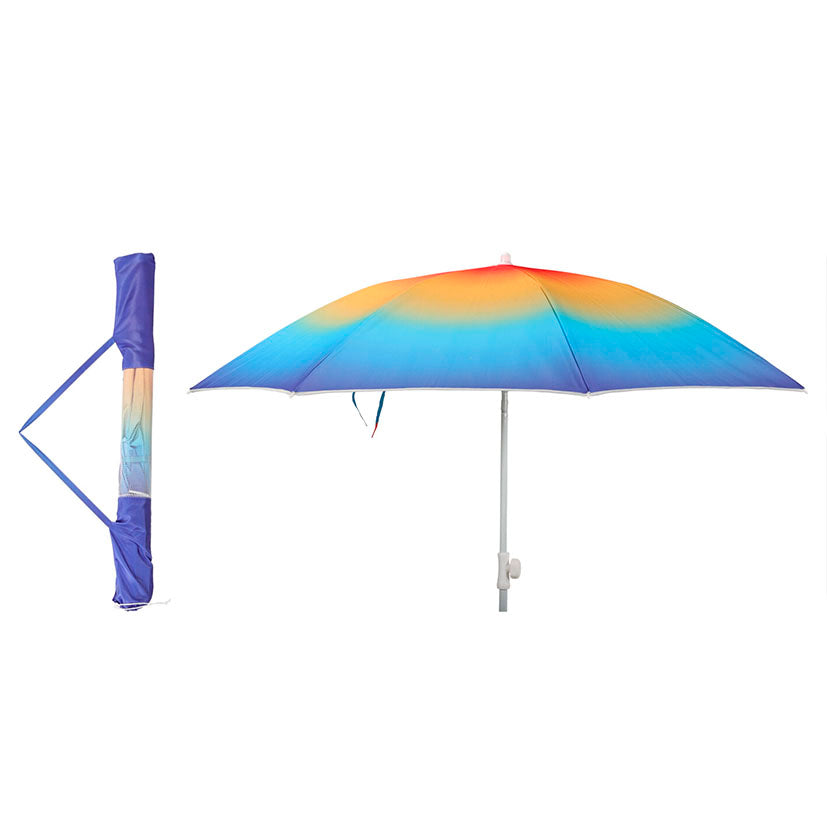 Sombrilla de playa con diseño degradado arcoíris azul y naranja con funda de transporte